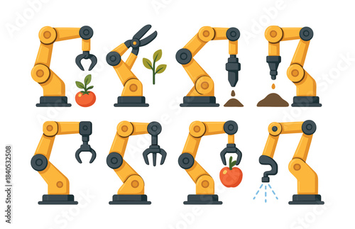 Industrial robots and machinery, flat vector illustration of automation tools