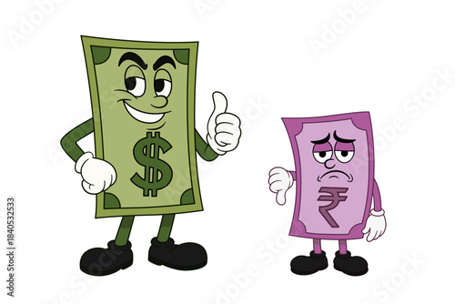 Cartoon Vector Illustration of US Dollar Bill Giving Thumbs Up and Sad Indian Rupee, Currency Strength Comparison, Exchange Rate, Finance, and Economy