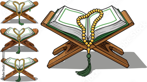 Islamic holy book quran on wooden stand with prayer beads illustration set for worship