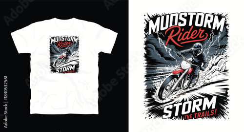 Mudstorm rider t-shirt design with motocross biker racing through a storm