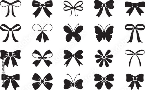 Decorative bow silhouette. Gift wrapping favor ribbon, black jubilee bows stencil vector icons set