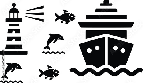 Nautical icons set featuring ship, anchor, compass, lighthouse, dolphin, sailboat, fish, ship wheel, lifebuoy, marine symbols, ocean elements