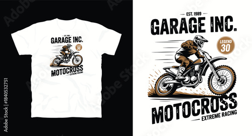 Garage inc. motocross extreme racing t-shirt design with a biker on a dirt track