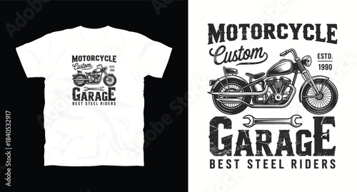Motorcycle custom garage best steel riders t-shirt design with vintage motorbike and wrench tool