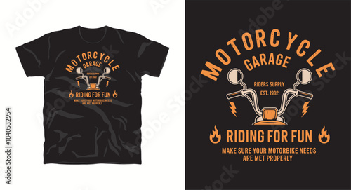 Motorcycle garage riding for fun t-shirt design with motorbike handlebars and flames