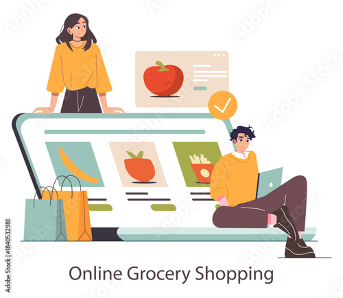 Online Grocery Shopping Vector Illustration with Laptop