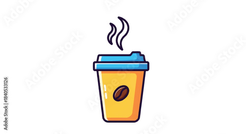 Steaming coffee cup ready to drink with a coffee bean on the side.