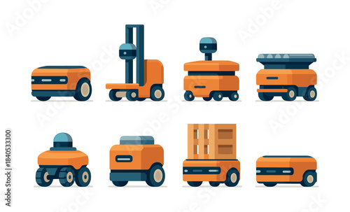 Robotic transport collection, flat vector illustration, automated delivery machines