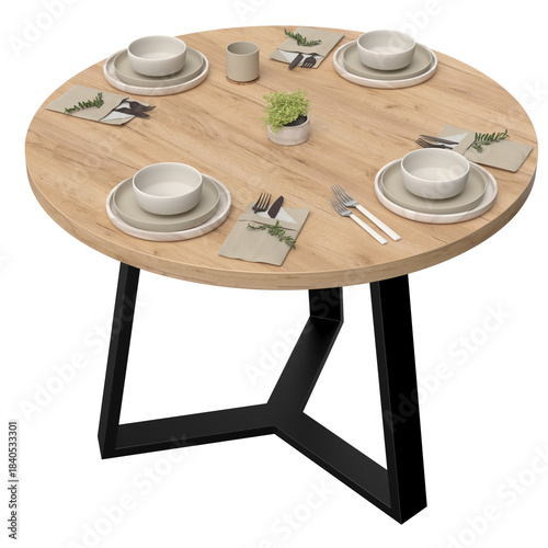 Round wooden loft-style table set for four. Minimalist arrangement of tableware, cutlery, and placemats creates a clean modern look for interior design, dining concepts, and commercial use.