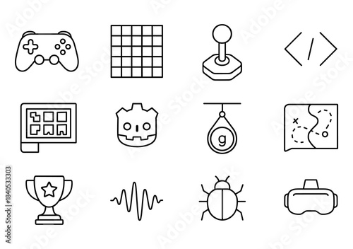 Icons of gaming and technology: controller, grid, joystick, code, trophy