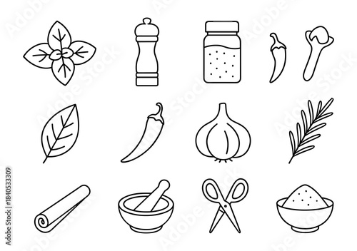 Outline icons of spices and kitchen utensils including garlic, peppers, and herbs