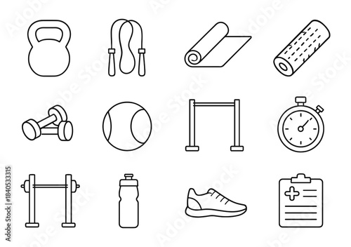 Fitness equipment icons: kettlebell, jump rope, yoga mat, foam roller, dumbbells, stopwatch