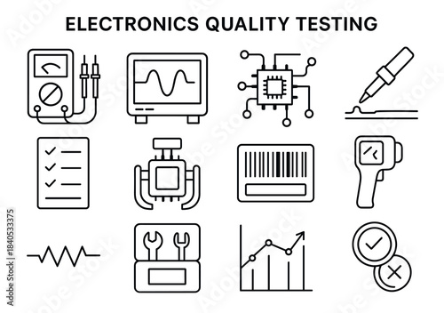 Electronics quality testing icons: multimeter, oscilloscope, microchip, soldering, inspection