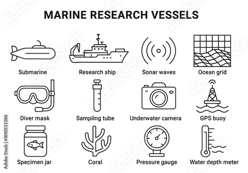 Marine research vessels icons: submarine, ship, sonar, ocean grid, equipment
