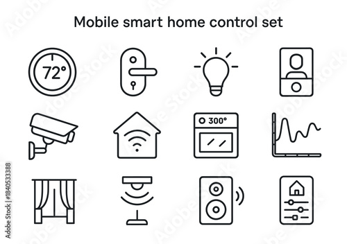Smart home control icons: thermostat, door lock, bulb, camera, speaker