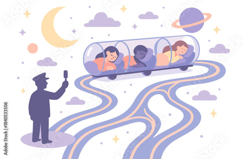 Futuristic sleep capsule transporting diverse women through dreamy cosmic landscape