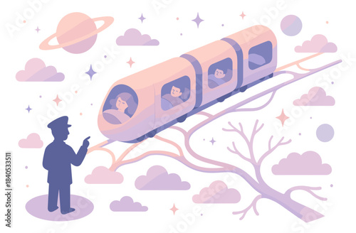 Dreamy pastel train journey through surreal sky with silhouetted conductor