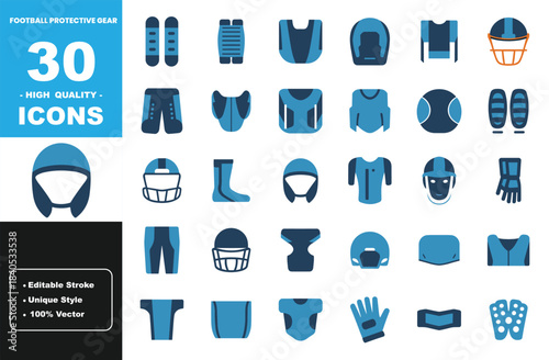 Football Protective Gear Icons Set with Helmets, Pads, Gloves, and Equipment for American Football in Vector Style