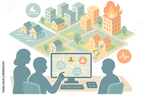 Emergency management team monitoring natural disasters and urban crisis on screen