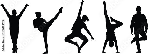 Vector Black Silhouettes of People in Action Poses: Jumping, Kicking, Dancing, Breakdancing, Handstand, and Martial Arts Movements, Dynamic Full Body Outlines for Sport and Fitness Design