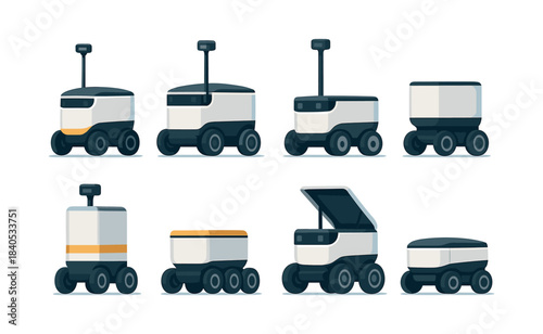 Autonomous delivery robots set, flat vector illustration with transport, futuristic design