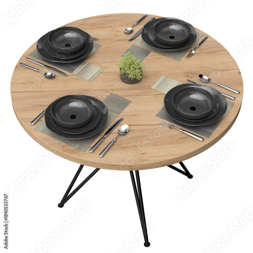 Round wooden loft-style table set for four. Minimalist arrangement of tableware, cutlery, and placemats creates a clean modern look for interior design, dining concepts, and commercial use.