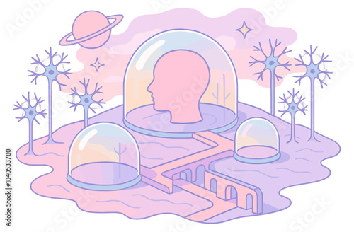 Surreal landscape with human silhouette and celestial elements