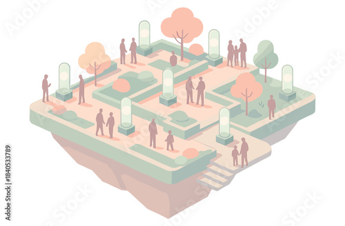 Isometric floating park with diverse people and greenery