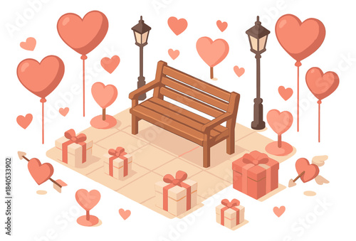 Romantic park scene with heart balloons and gift boxes around wooden bench