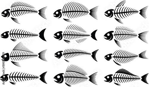 Fish skeleton silhouette collection, stylized seafood icons, black bone sketch, marine design set, minimalist aquatic illustration, decorative fish art