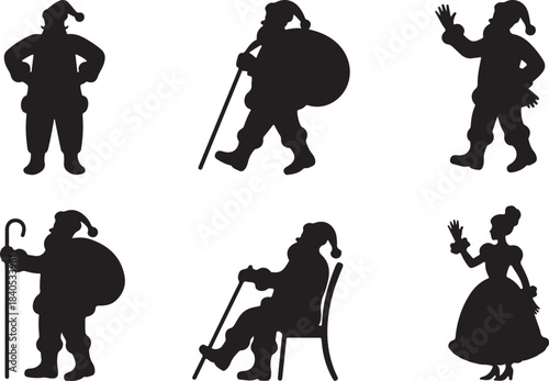 Set of santa claus and mrs claus christmas character silhouettes in various poses