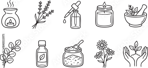 Set of hand drawn icons for aromatherapy and natural wellness products organic essential