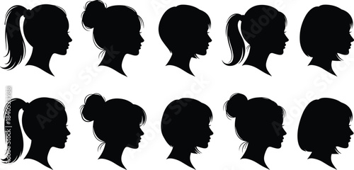 Woman Profile Silhouette Set, Female Head Avatars, Diverse Hairstyles Collection: Ponytail, Bun, Bob Cut, Short Hair, Elegant Updos, Side View Stencils for Logo Design, Vector Graphics