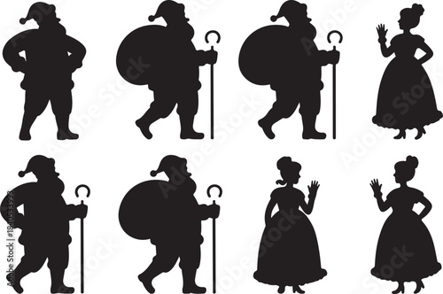 Set of santa claus and mrs claus christmas character silhouettes in various poses