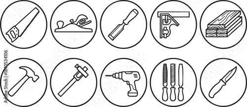 Set of ten circular icons depicting woodworking tools and materials plane chisel