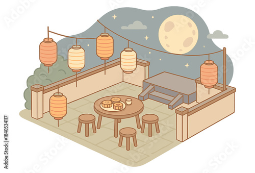 Moonlit terrace with lanterns and mooncakes under a starry sky