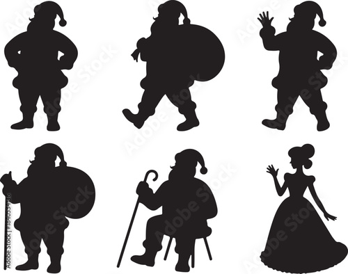 Set of santa claus and mrs claus christmas character silhouettes in various poses