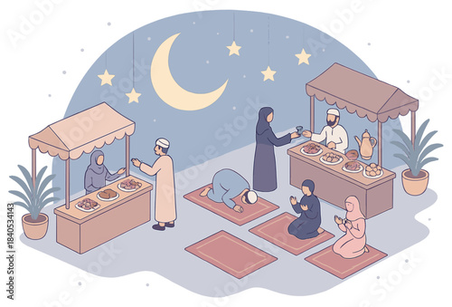 Muslim community engaging in night prayer and sharing food during ramadan or eid celebration