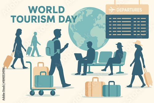 World tourism day celebration at airport with travelers and globe