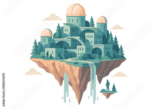 Floating cityscape with observatories and waterfall in serene sky