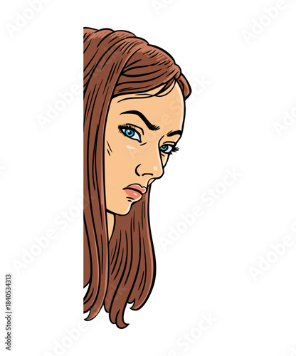 Anxious woman glancing sideways, fear and bullying concept, comic style