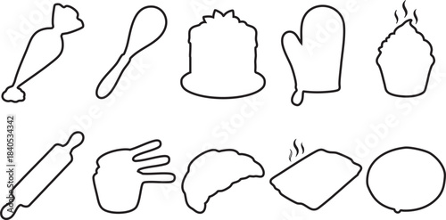 Black silhouette baking tools and treats on white background with scattered dots cooking pastry