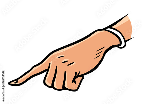 Woman hand pointing gesture, comic style illustration, isolated on white