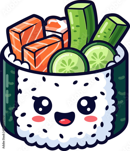 Cute Sushi Character with Salmon and Cucumber Toppings.