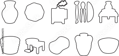 Black silhouette collection of pottery making tools kiln and ceramic vessels vase