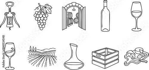 Collection of black and white line art icons depicting wine making and tasting elements corkscrew