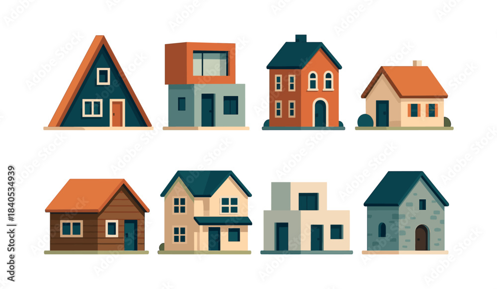Fototapeta premium House collection, diverse homes, architecture types, flat vector illustration