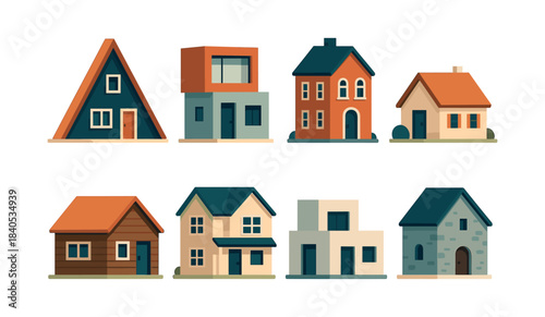 House collection, diverse homes, architecture types, flat vector illustration