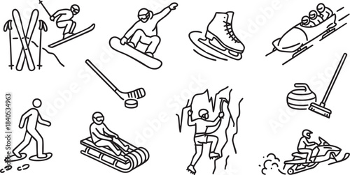 Collection of black line art icons depicting winter sports and activities snowboard skate