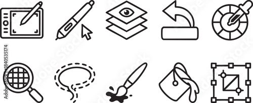 Collection of black line art icons representing graphic design tools and processes drawing